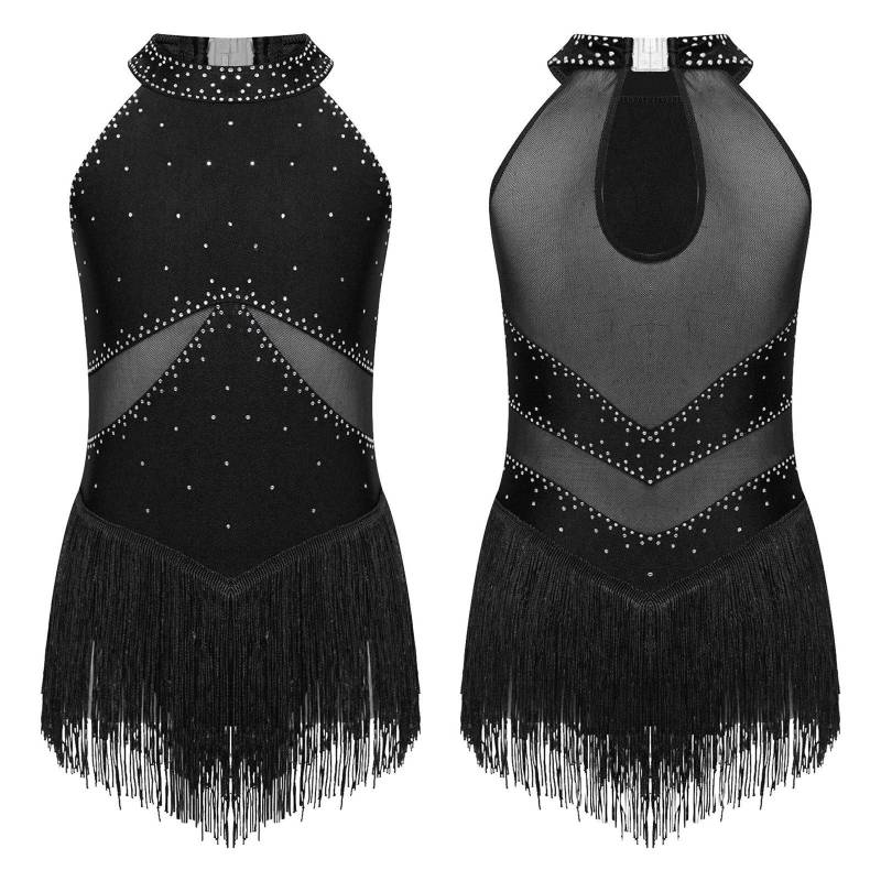 Kinder Mädchen Glänzend Transparent Mesh Quaste Saum Latein Tanzkleid Samba Jazz Dance Trikot Kleid 11-12 Years schwarz von Joom DACH