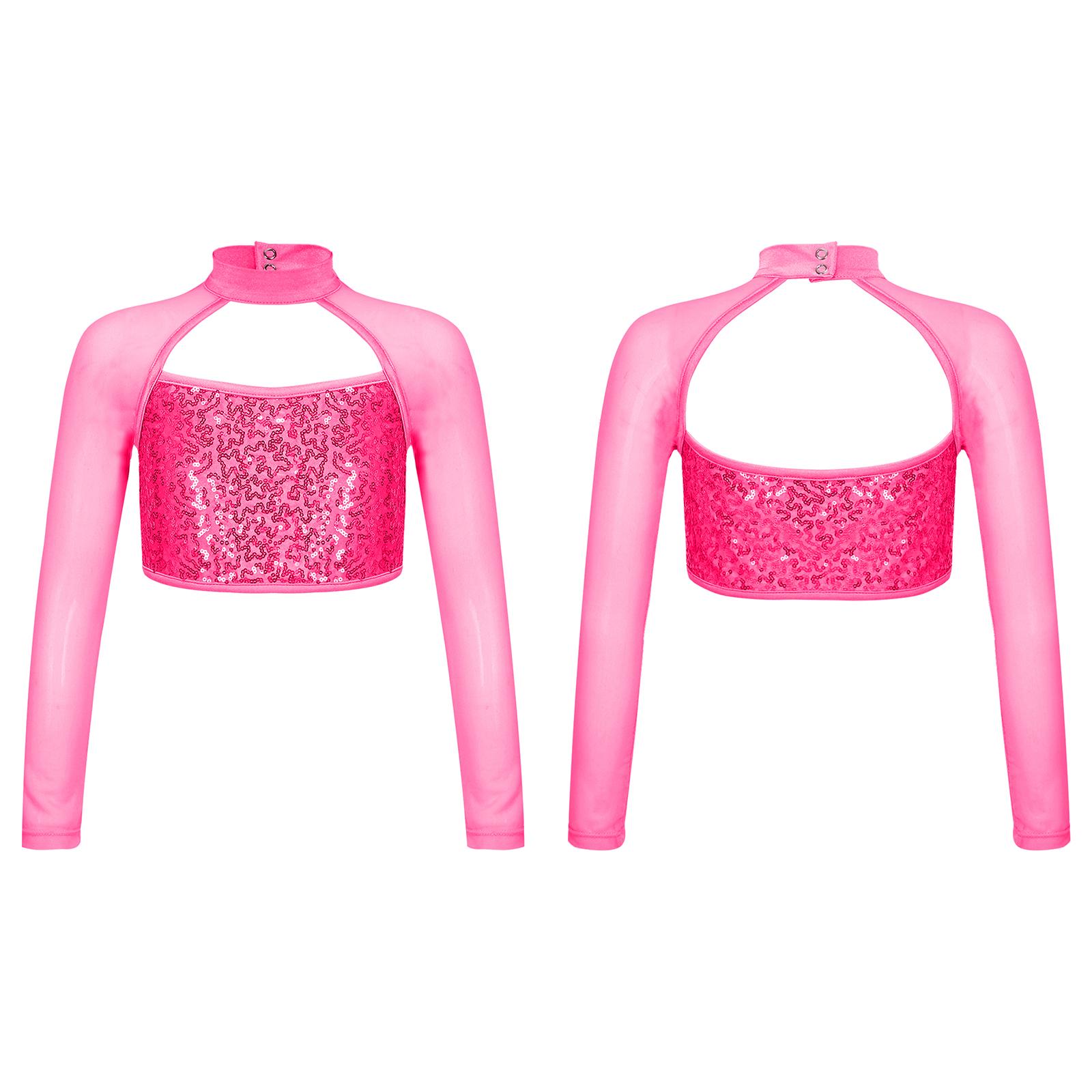 Kinder Mädchen Glänzende Pailletten Dekor Lange Ärmel Cutout Back Crop Tops für Tanzen Bühnenauftritt 11-12 Years heißes rosa von Joom DACH