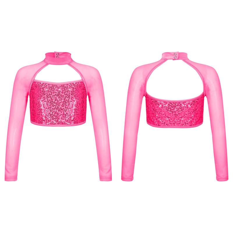 Kinder Mädchen Glänzende Pailletten Dekor Lange Ärmel Cutout Back Crop Tops für Tanzen Bühnenauftritt 11-12 Years heißes rosa von Joom DACH