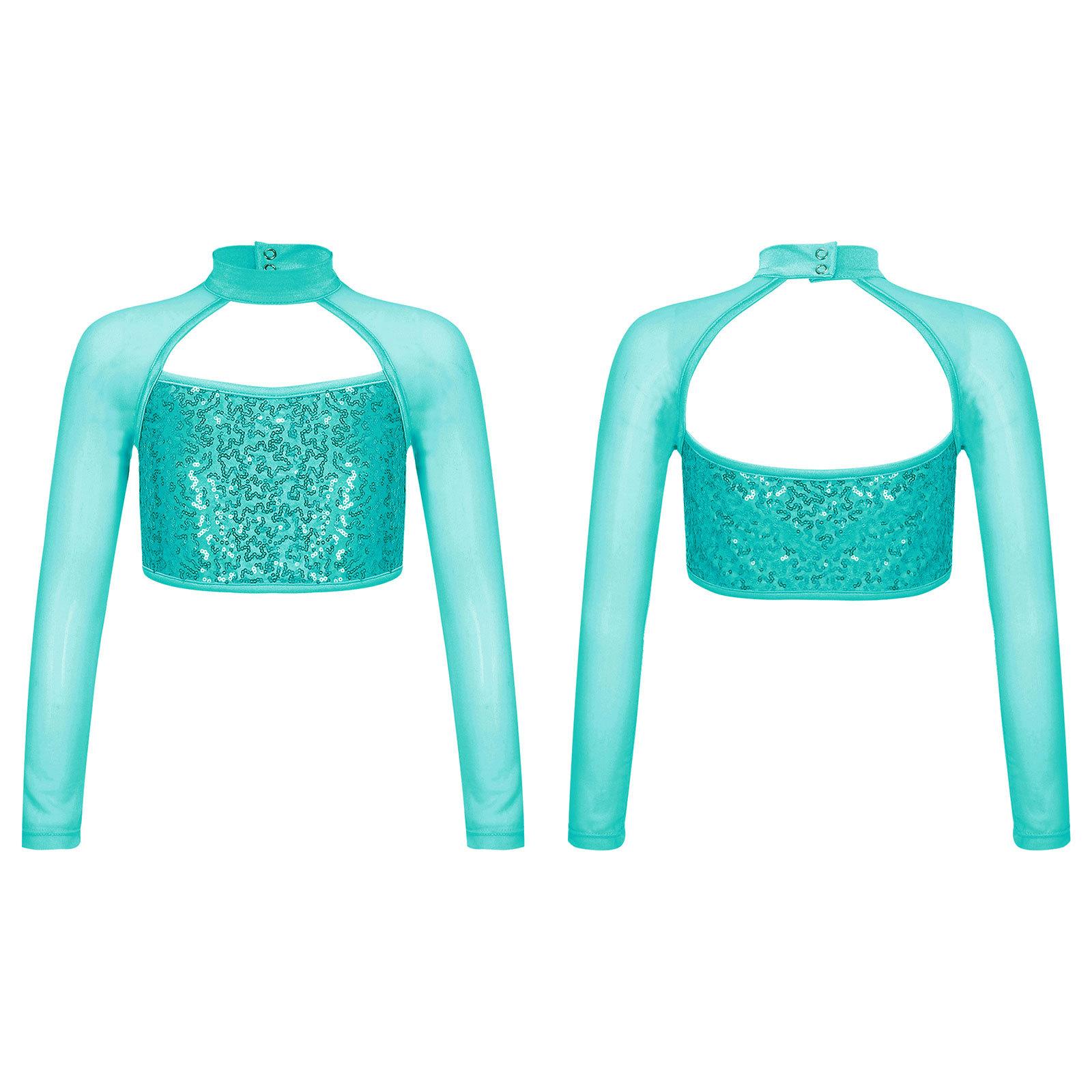 Kinder Mädchen Glänzende Pailletten Dekor Lange Ärmel Cutout Back Crop Tops für Tanzen Bühnenauftritt 9-10 Years von Joom DACH