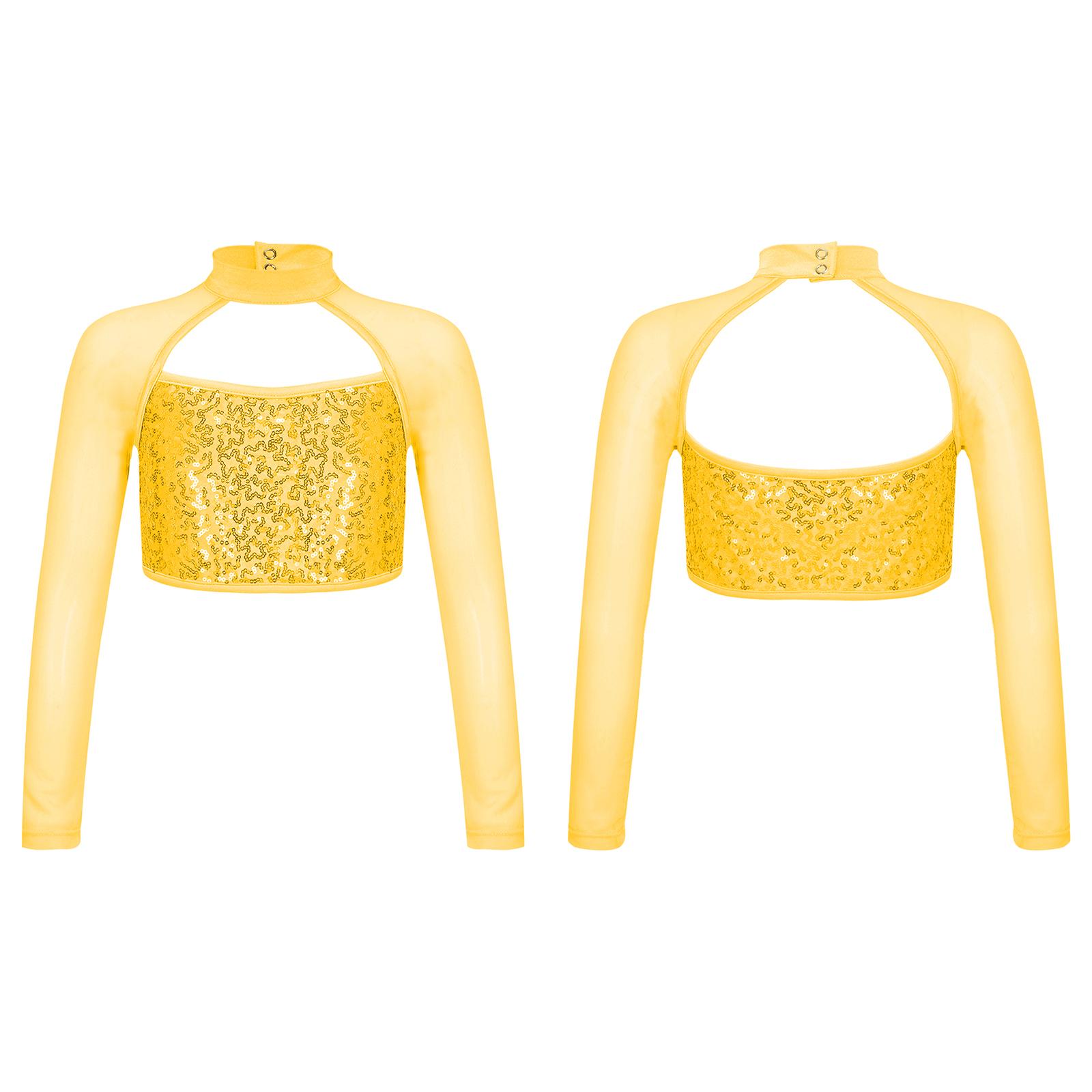 Kinder Mädchen Glänzende Pailletten Dekor Lange Ärmel Cutout Back Crop Tops für Tanzen Bühnenauftritt 9-10 Years von Joom DACH