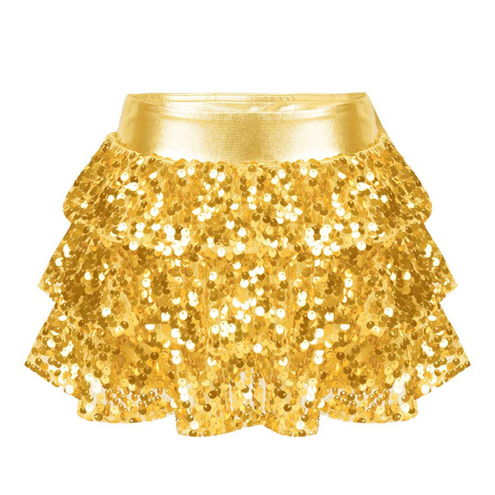 Kinder Mädchen Glänzende Pailletten Gestaffelte Rüschen Rock Shorts Metallic Elastischer Bund Culottes Tanz Bühnenkostüm 15-16 Years gold von Joom DACH
