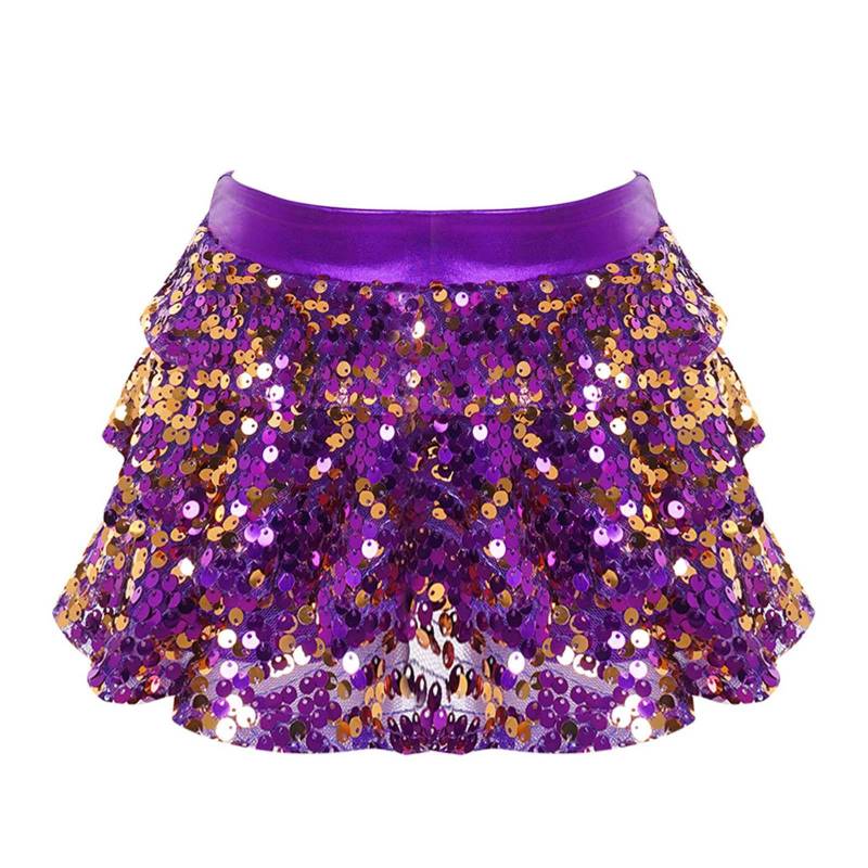 Kinder Mädchen Glänzende Pailletten Gestaffelte Rüschen Rock Shorts Metallic Elastischer Bund Culottes Tanz Bühnenkostüm 7-8 Years violett von Joom DACH