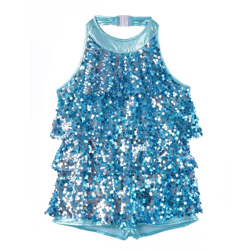 Kinder Mädchen Glänzende Pailletten Neckholder Jazz Latin Dance Shorty Rüschen Kleid Bühnenshow Tanzbekleidung 9-10 Years blau von Joom DACH
