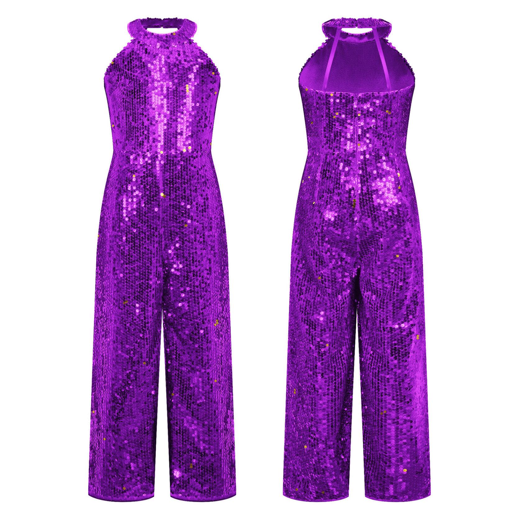 Kinder Mädchen Glänzender Pailletten-Festzug-Strampler, ärmellos, Hose mit weitem Bein, einteiliger Overall für Party-Tanz 13-14 Years violett von Joom DACH