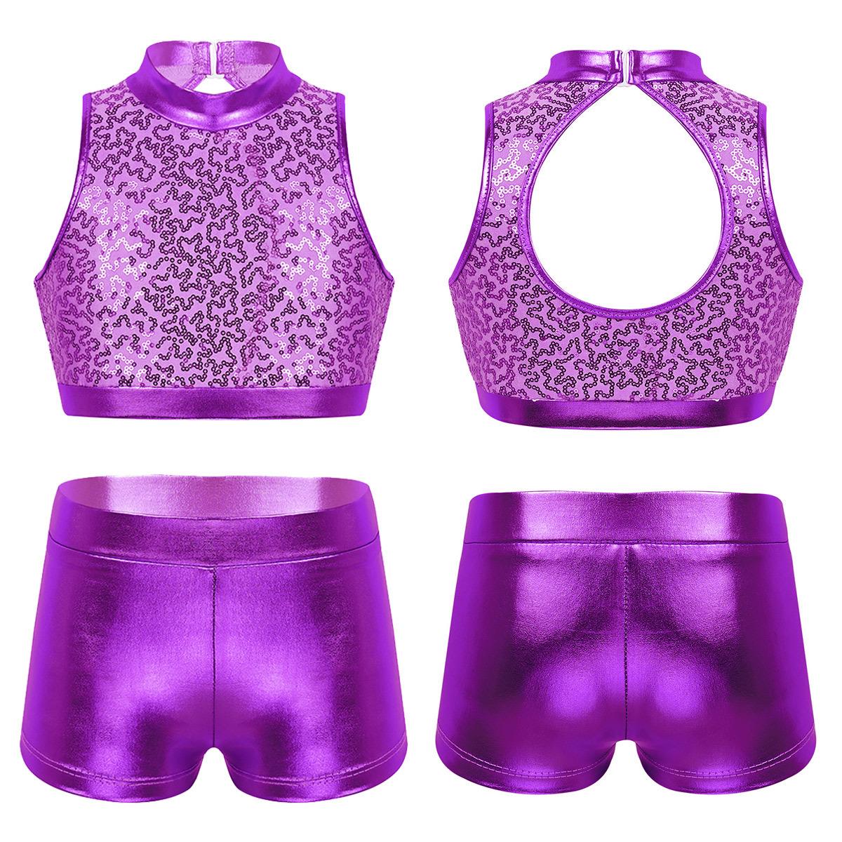 Kinder Mädchen Glänzendes ärmelloses bauchfreies Top mit Shorts Set für Bademode oder Gymnastik Tanzen Sport 11-12 Years violett von Joom DACH