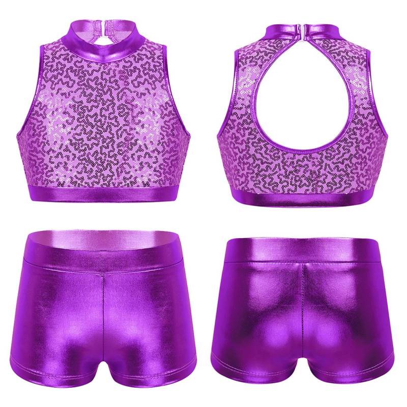 Kinder Mädchen Glänzendes ärmelloses bauchfreies Top mit Shorts Set für Bademode oder Gymnastik Tanzen Sport 11-12 Years violett von Joom DACH