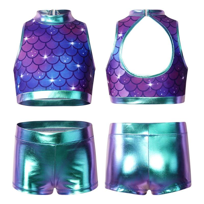 Kinder Mädchen Glänzendes ärmelloses bauchfreies Top mit Shorts Set für Bademode oder Gymnastik Tanzen Sport 5-6 Years violett/blau von Joom DACH