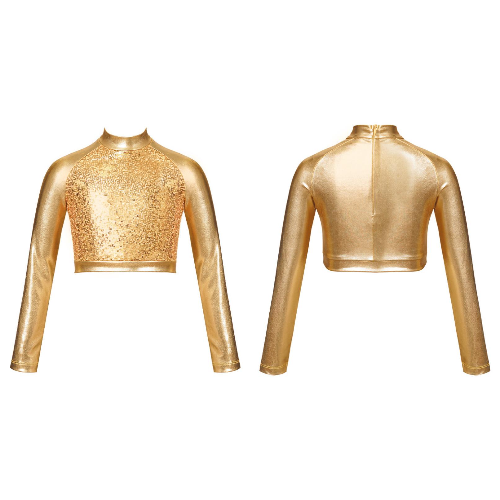 Kinder Mädchen Glitzer Pailletten Ballett Jazz Modern Hip Hop Dance Crop Top Rollkragen Langarm Dancewear 7-8 Years gold von Joom DACH