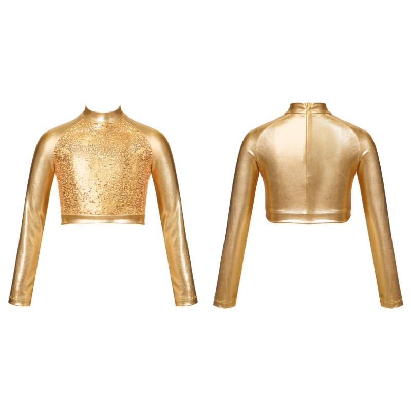 Kinder Mädchen Glitzer Pailletten Ballett Jazz Modern Hip Hop Dance Crop Top Rollkragen Langarm Dancewear 7-8 Years gold von Joom DACH