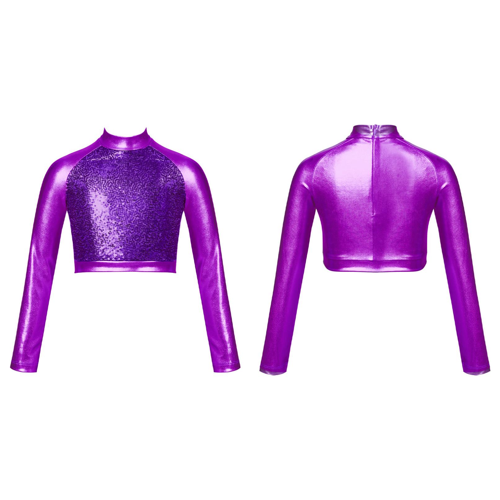 Kinder Mädchen Glitzer Pailletten Ballett Jazz Modern Hip Hop Dance Crop Top Rollkragen Langarm Dancewear 9-10 Years violett von Joom DACH