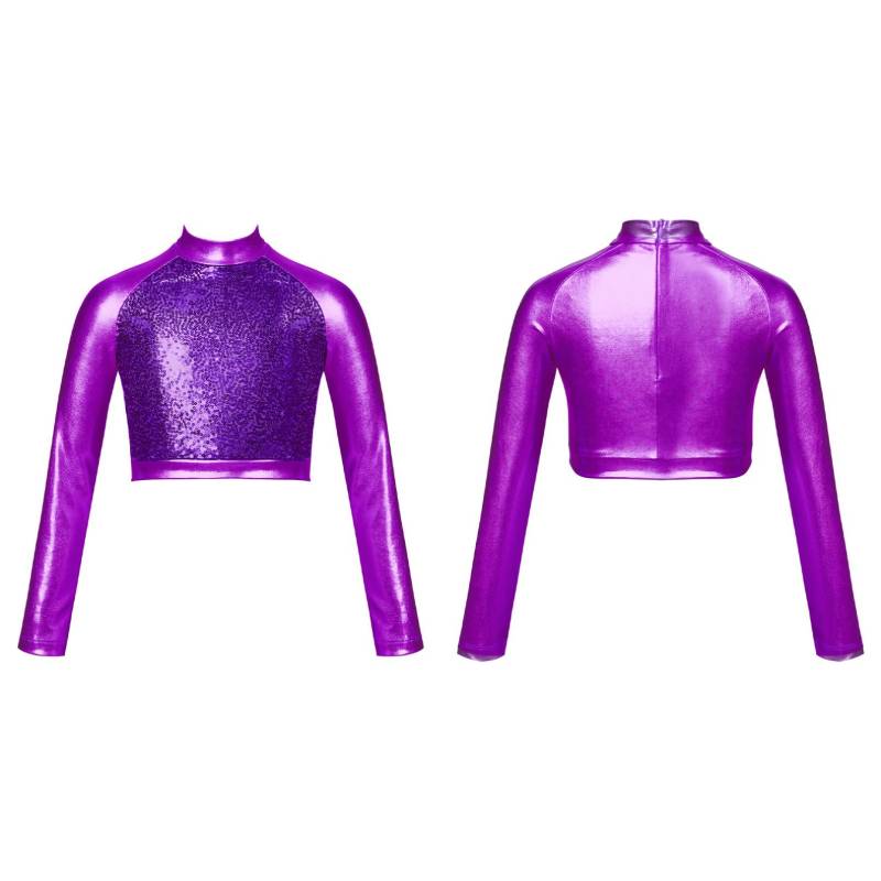 Kinder Mädchen Glitzer Pailletten Ballett Jazz Modern Hip Hop Dance Crop Top Rollkragen Langarm Dancewear 9-10 Years violett von Joom DACH