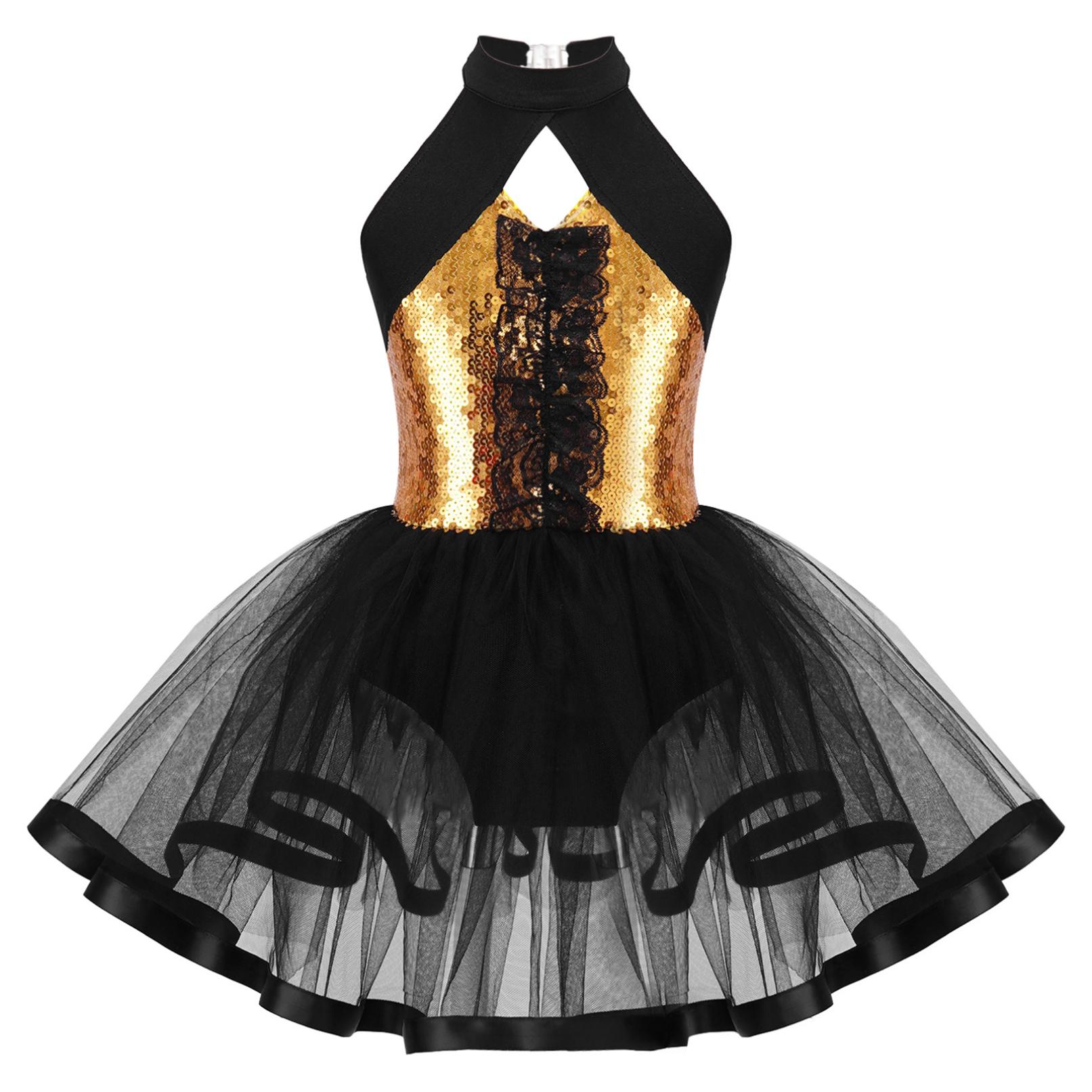 Kinder Mädchen Glitzer Pailletten Tanz Tutu Ballett Kleid Neckholder Gymnastik Trikot Modern Latin Jazz Tanzen Performance Kostüm 7-8 Years gold von Joom DACH