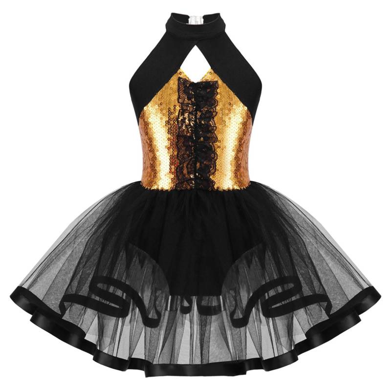 Kinder Mädchen Glitzer Pailletten Tanz Tutu Ballett Kleid Neckholder Gymnastik Trikot Modern Latin Jazz Tanzen Performance Kostüm 7-8 Years gold von Joom DACH
