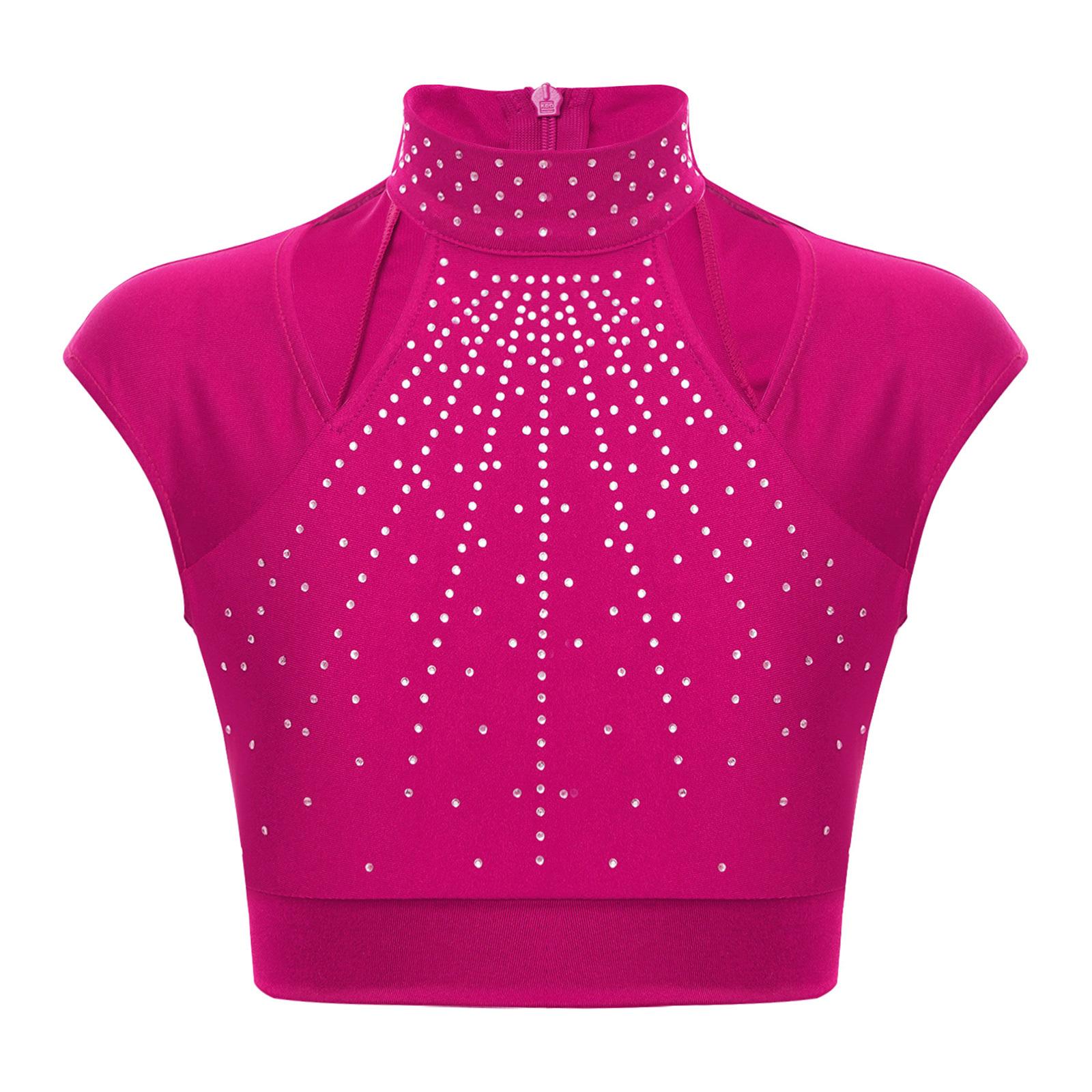 Kinder Mädchen Glitzer Strass Crop Top Ärmellos Cutout Design Sportlich Tanz Performance Wear 11-12 Years heißes rosa von Joom DACH