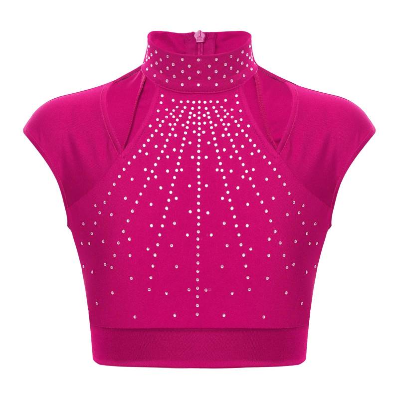 Kinder Mädchen Glitzer Strass Crop Top Ärmellos Cutout Design Sportlich Tanz Performance Wear 11-12 Years heißes rosa von Joom DACH