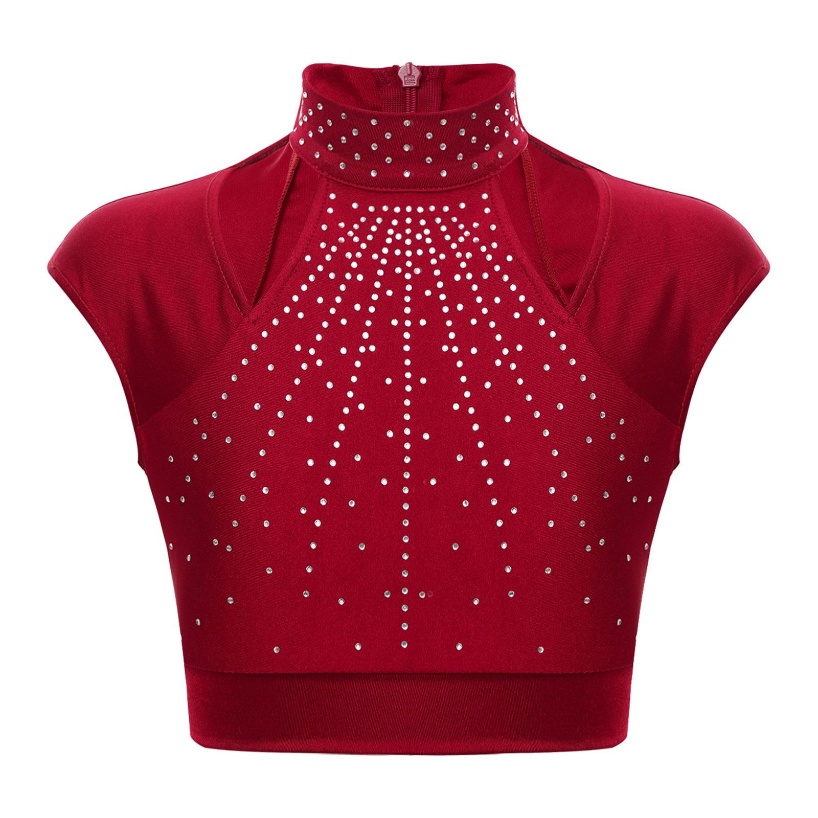 Kinder Mädchen Glitzer Strass Crop Top Ärmellos Cutout Design Sportlich Tanz Performance Wear 7-8 Years bordeaux von Joom DACH