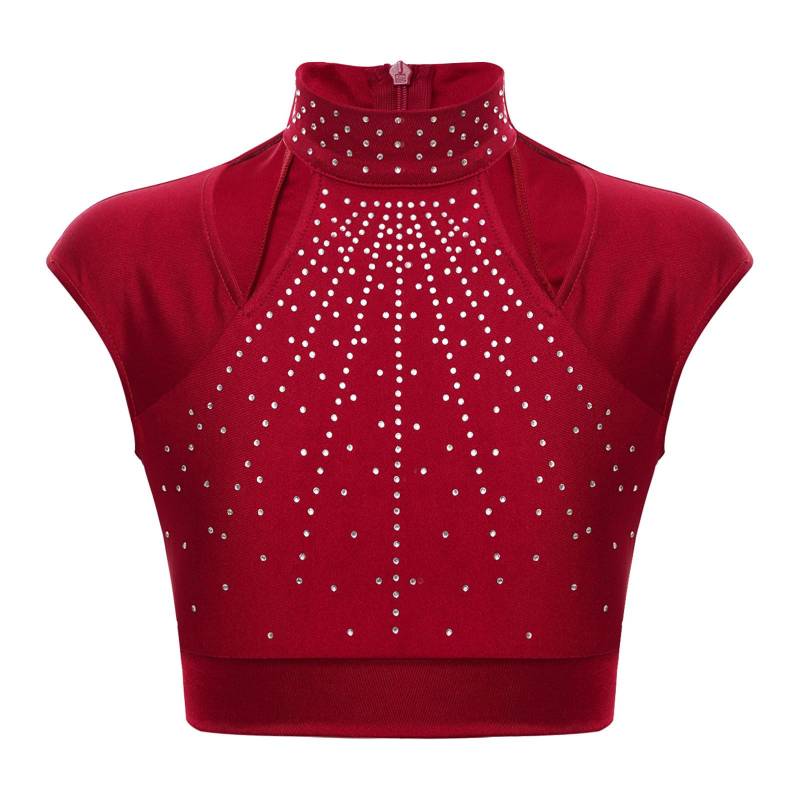 Kinder Mädchen Glitzer Strass Crop Top Ärmellos Cutout Design Sportlich Tanz Performance Wear 7-8 Years bordeaux von Joom DACH