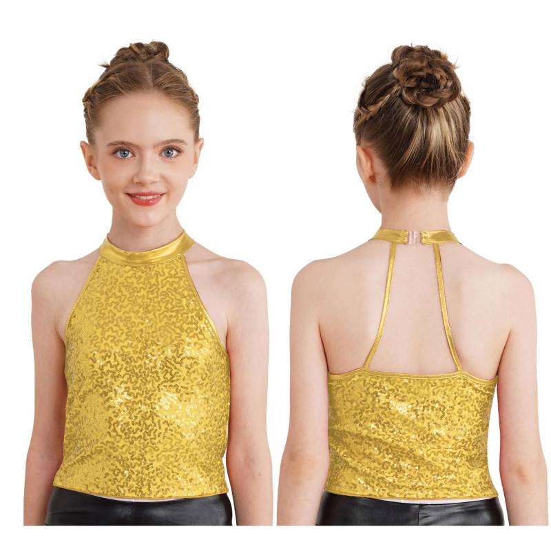 Kinder Mädchen Glitzerndes Pailletten-Neckholder-Crop-Top, ärmellose, rückenfreie Tops für Cheerleading-Jazz-Tanzgymnastik 11-12 Years gold von Joom DACH