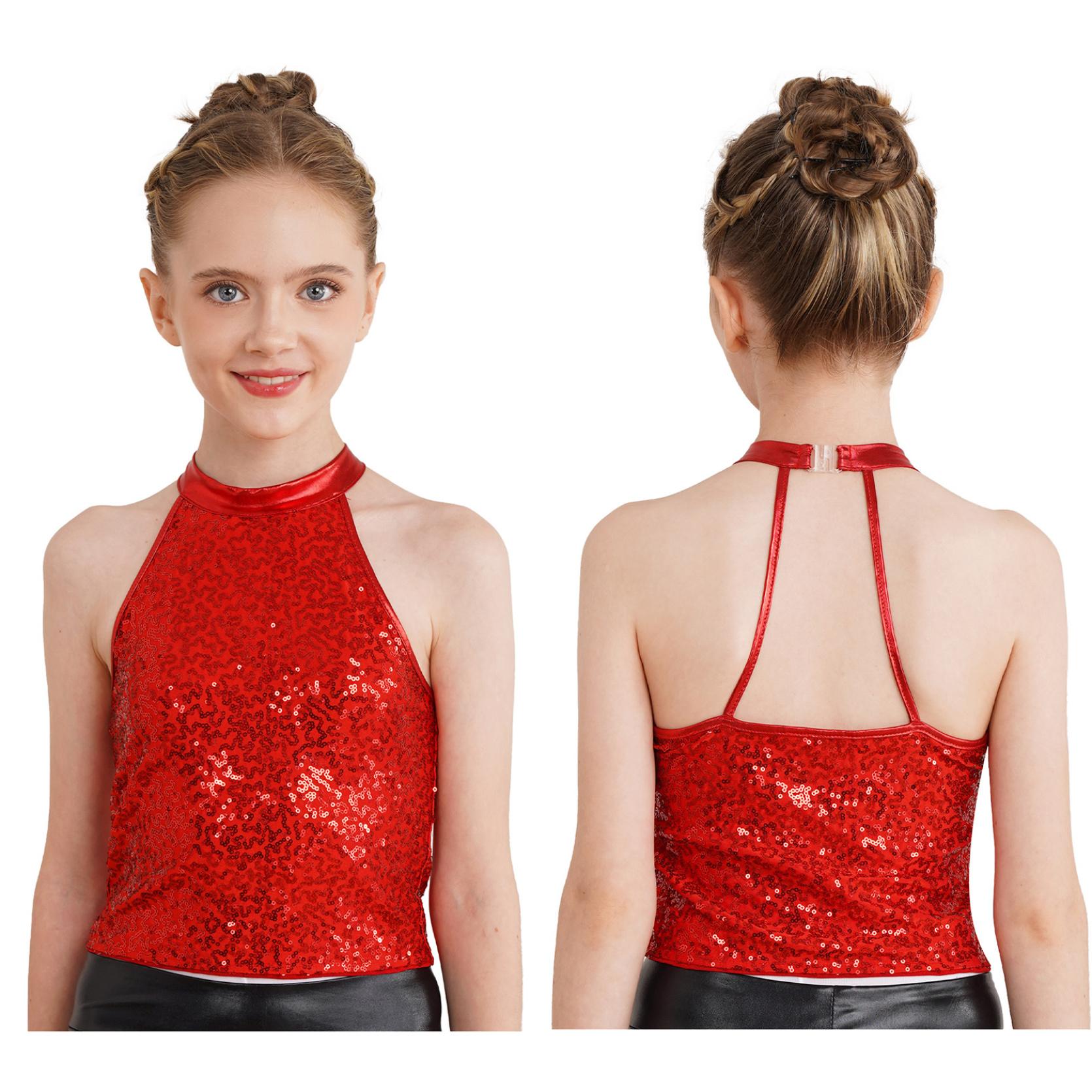Kinder Mädchen Glitzerndes Pailletten-Neckholder-Crop-Top, ärmellose, rückenfreie Tops für Cheerleading-Jazz-Tanzgymnastik 11-12 Years von Joom DACH