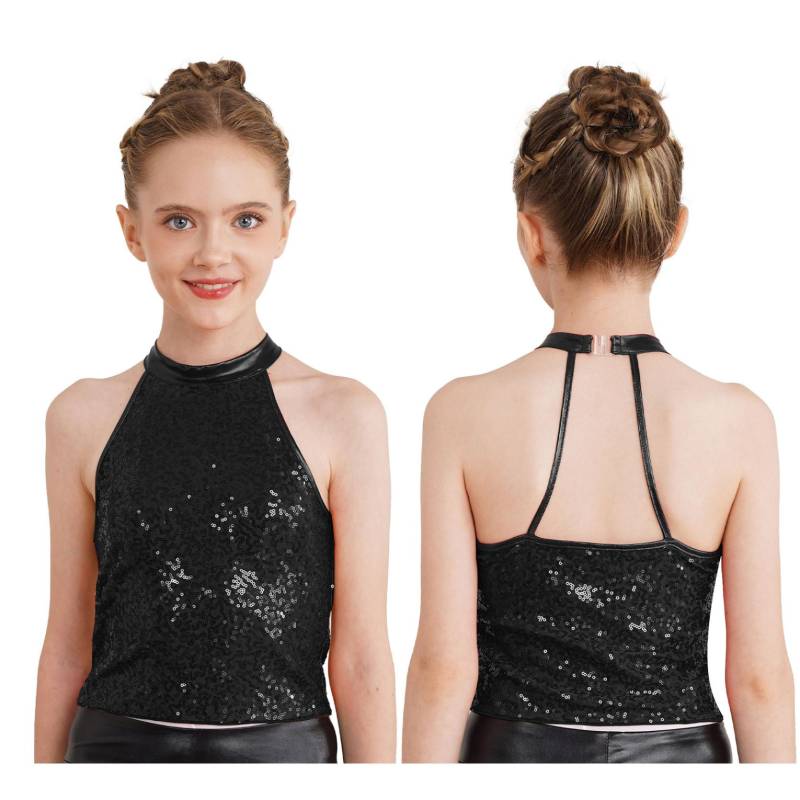 Kinder Mädchen Glitzerndes Pailletten-Neckholder-Crop-Top, ärmellose, rückenfreie Tops für Cheerleading-Jazz-Tanzgymnastik 5-6 Years schwarz von Joom DACH