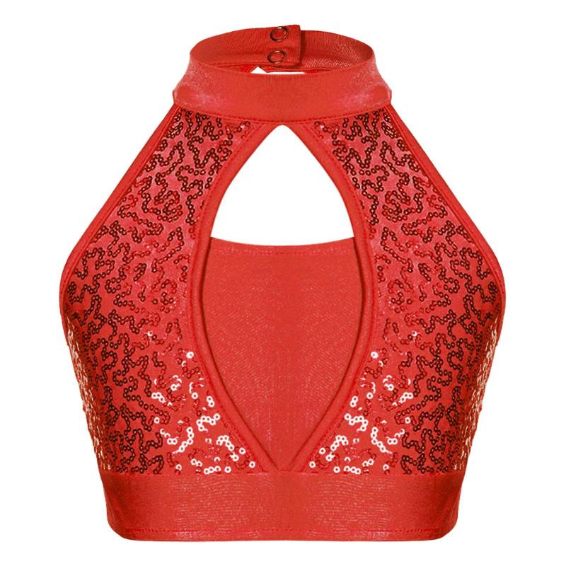 Kinder Mädchen Glitzerndes Tanz Crop Top Stehkragen Ausgeschnittenes Vorderteil Schlüsselloch-Rückendesign für Wettbewerbe 11-12 Years rot von Joom DACH