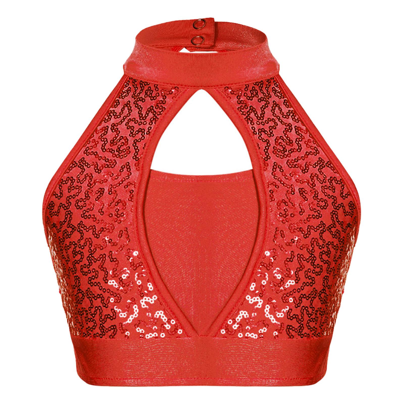 Kinder Mädchen Glitzerndes Tanz Crop Top Stehkragen Ausgeschnittenes Vorderteil Schlüsselloch-Rückendesign für Wettbewerbe 5-6 Years rot von Joom DACH