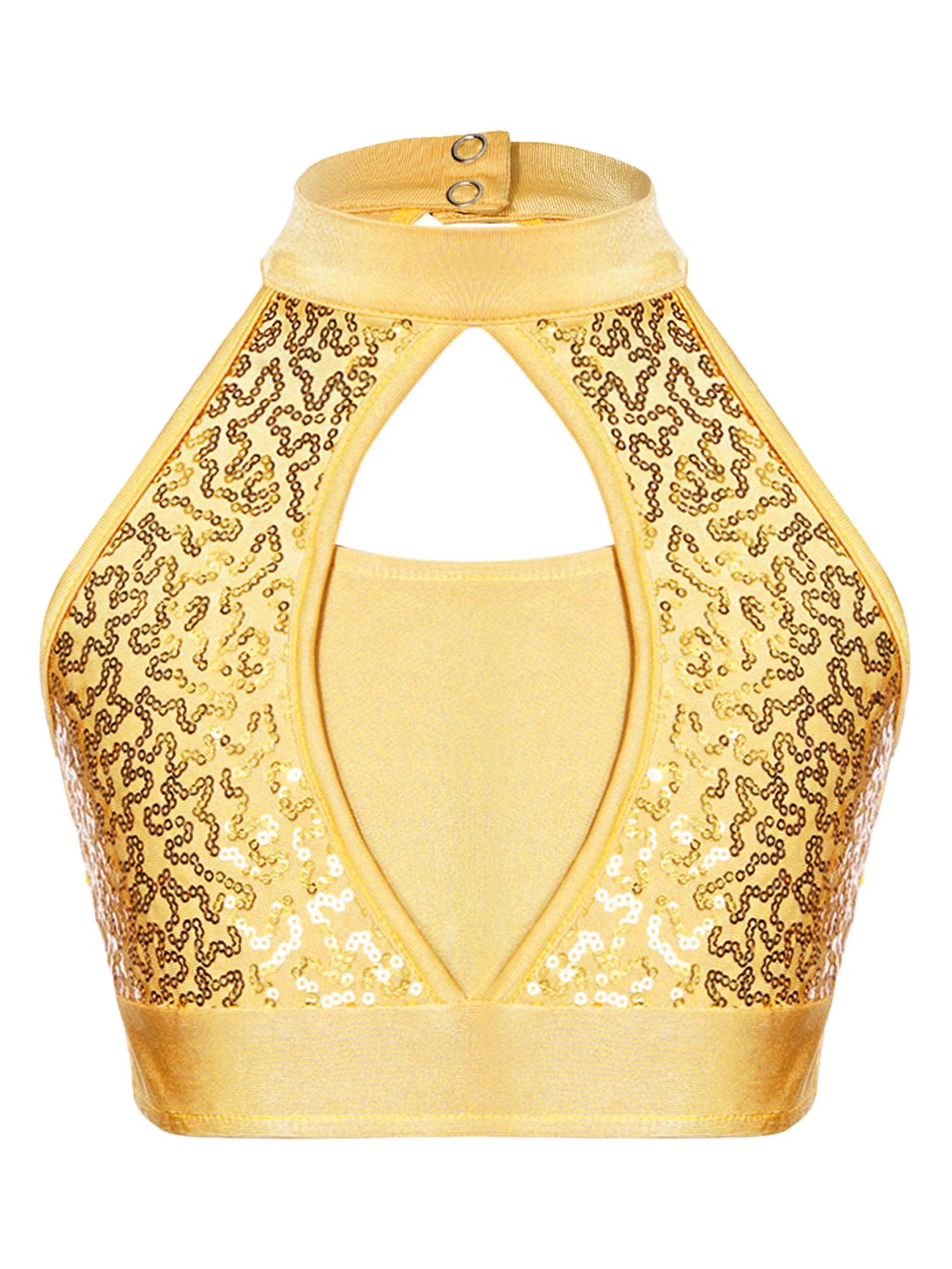 Kinder Mädchen Glitzerndes Tanz Crop Top Stehkragen Ausgeschnittenes Vorderteil Schlüsselloch-Rückendesign für Wettbewerbe 5-6 Years gelb von Joom DACH