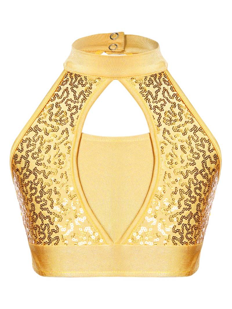 Kinder Mädchen Glitzerndes Tanz Crop Top Stehkragen Ausgeschnittenes Vorderteil Schlüsselloch-Rückendesign für Wettbewerbe 5-6 Years gelb von Joom DACH