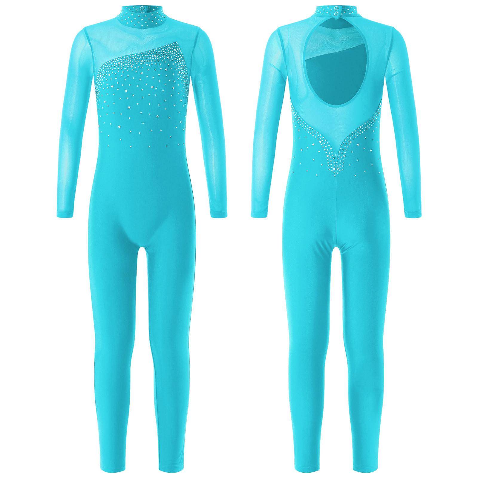 Kinder Mädchen Gymnastik Trikot Workout Tanz Overall Langarm Strass Dekor Skating Body see-blaue von Joom DACH