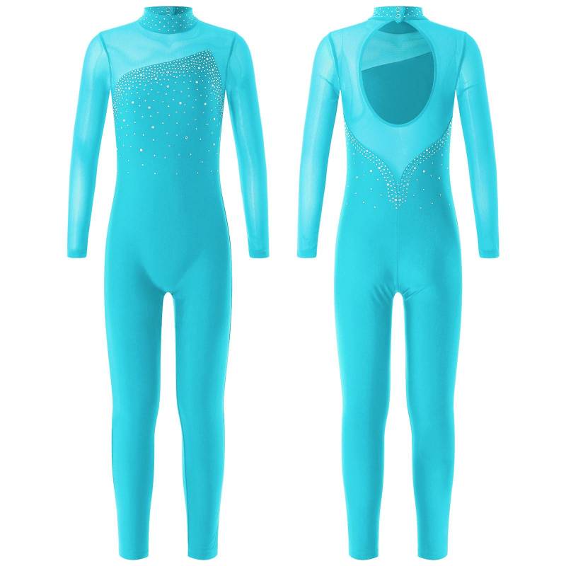 Kinder Mädchen Gymnastik Trikot Workout Tanz Overall Langarm Strass Dekor Skating Body 9-10 Years see-blaue von Joom DACH