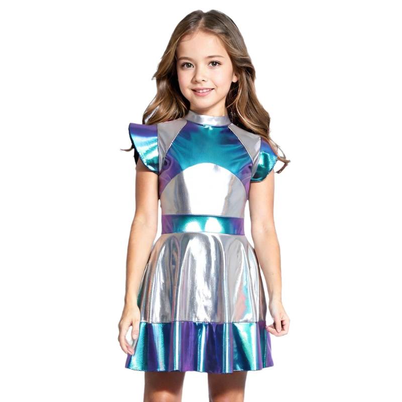 Kinder Mädchen Halloween Alien Astronaut Cosplay Kostüm Fliegenärmel Metallic Party Tutu Kleid 5-6 Years blau von Joom DACH