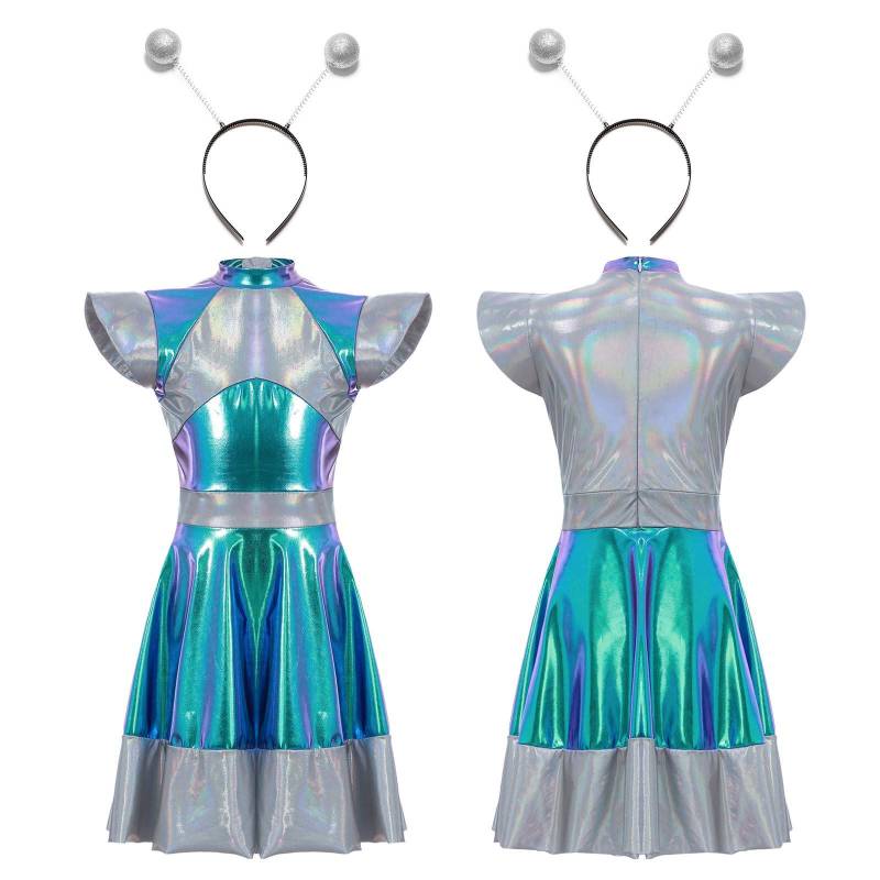 Kinder Mädchen Halloween Alien Cosplay Kostüm Weltraum Cutie Kostüm Kleid mit Lustigem Alien Haarreifen Accessoire 7-8 Years silber von Joom DACH