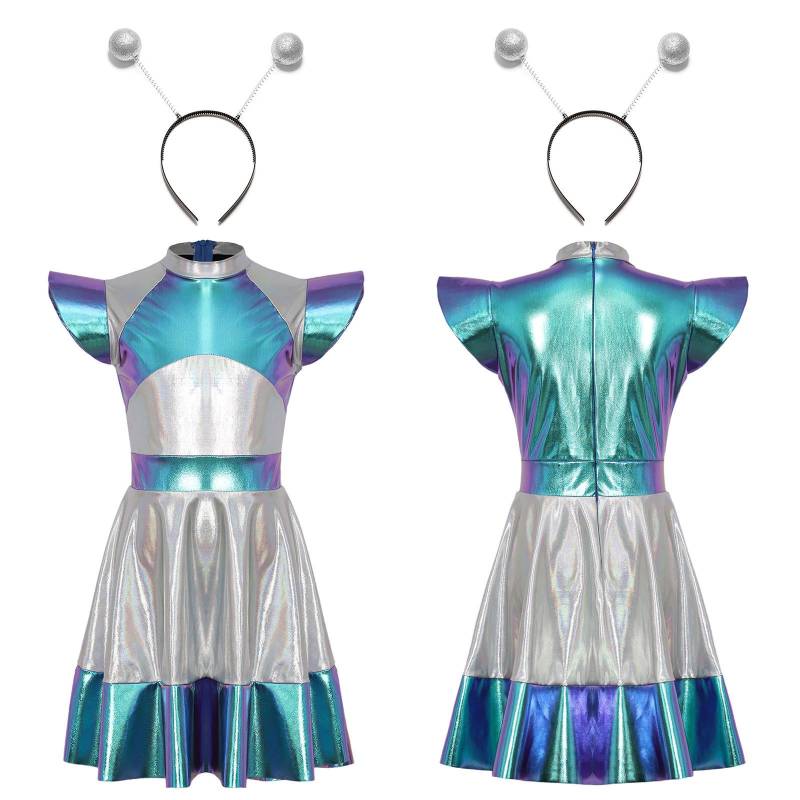 Kinder Mädchen Halloween Alien Cosplay Kostüm Weltraum Cutie Kostüm Kleid mit Lustigem Alien Haarreifen Accessoire 9-10 Years blau von Joom DACH