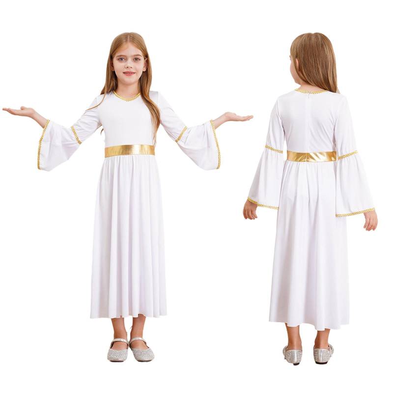 Kinder Mädchen Halloween Karneval Engel Göttinnen Cosplay Kostüm Langarm Goldbesatz Prinzessin Kleid Kirche Chor Anbetung Kleid Toga 15-16 Years weiß von Joom DACH