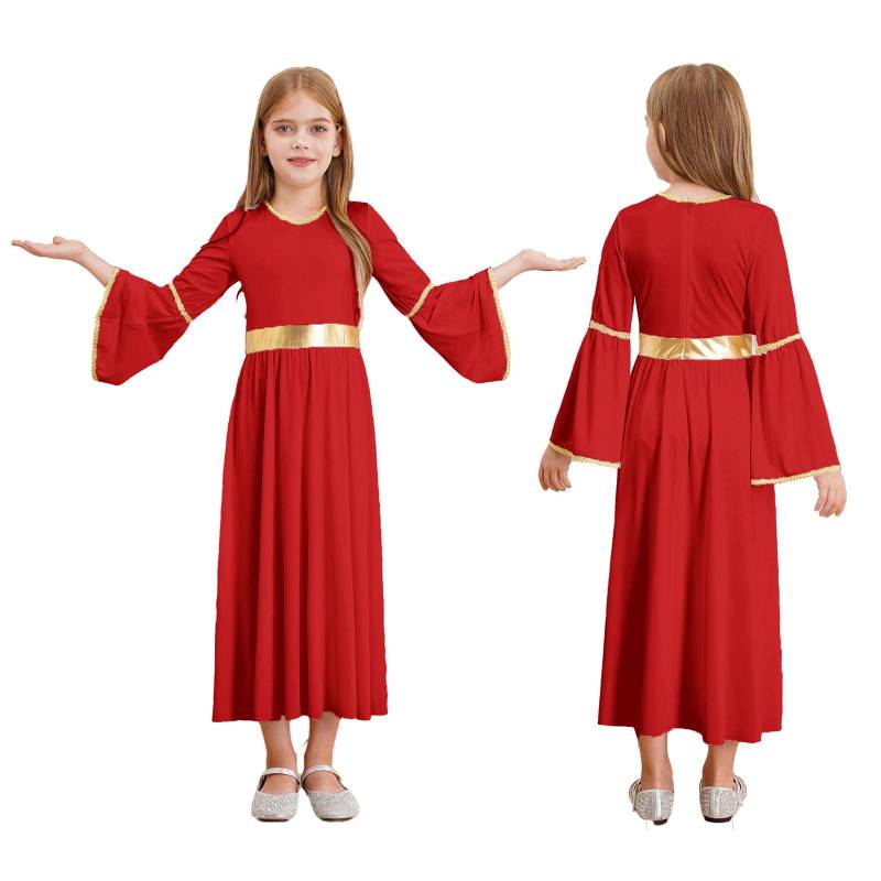 Kinder Mädchen Halloween Karneval Engel Göttinnen Cosplay Kostüm Langarm Goldbesatz Prinzessin Kleid Kirche Chor Anbetung Kleid Toga 7-8 Years rot von Joom DACH