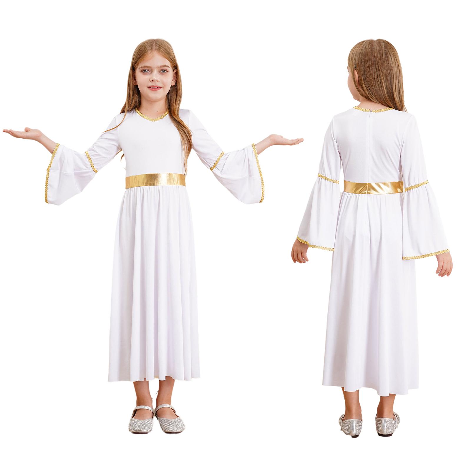 Kinder Mädchen Halloween Karneval Engel Göttinnen Cosplay Kostüm Langarm Goldbesatz Prinzessin Kleid Kirche Chor Anbetung Kleid Toga 9-10 Years weiß von Joom DACH
