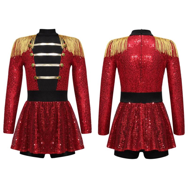 Kinder Mädchen Halloween Party Zirkus Zirkusdirektor Kostüm Glänzende Pailletten Quaste Gymnastik Trikot Kleid Dancewear 5-6 Years rot von Joom DACH