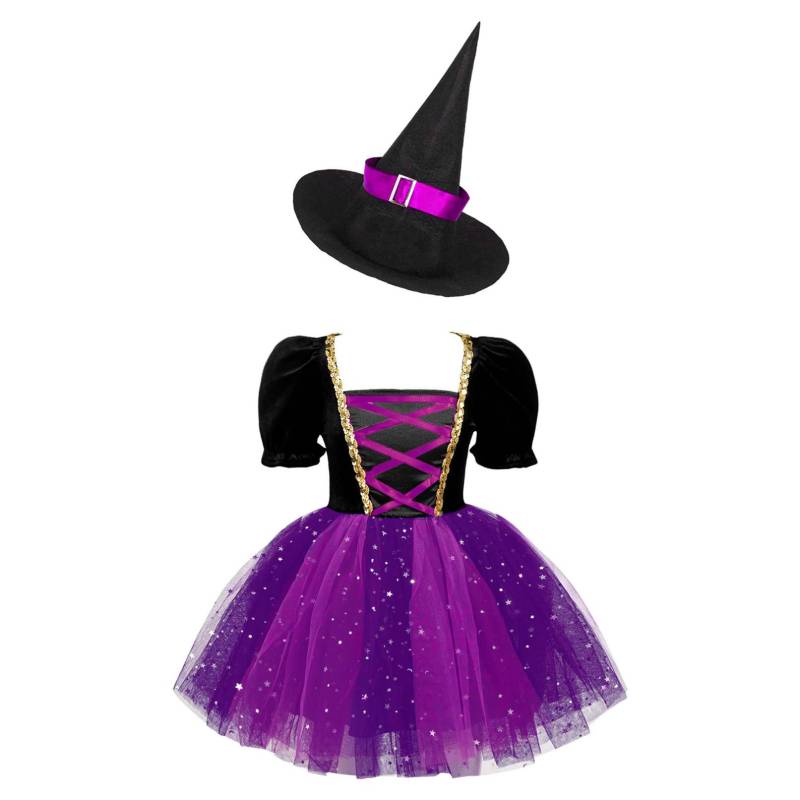 Kinder Mädchen Hexenkostüm Blase Ärmel Glitzerndes Mesh Tutu Kleid mit Spitzhut Set für Halloween Cosplay Dress Up Performance 5-6 Years rose rot/violett von Joom DACH