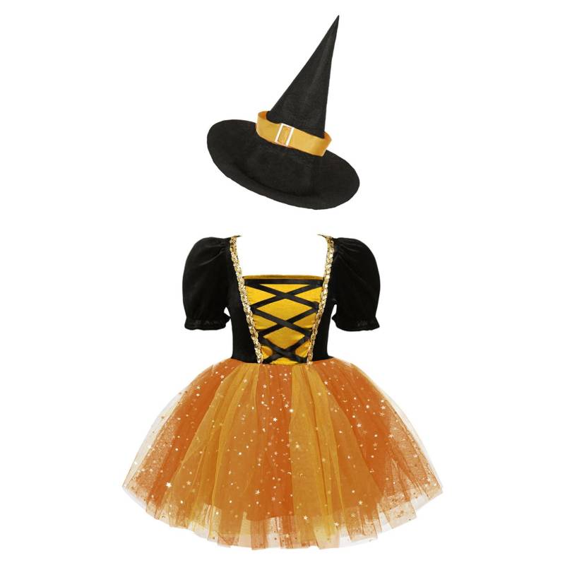 Kinder Mädchen Hexenkostüm Blase Ärmel Glitzerndes Mesh Tutu Kleid mit Spitzhut Set für Halloween Cosplay Dress Up Performance 5-6 Years orange von Joom DACH