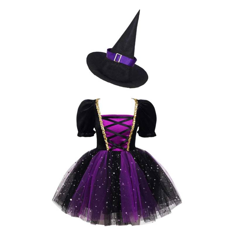 Kinder Mädchen Hexenkostüm Blase Ärmel Glitzerndes Mesh Tutu Kleid mit Spitzhut Set für Halloween Cosplay Dress Up Performance 9-10 Years violett von Joom DACH