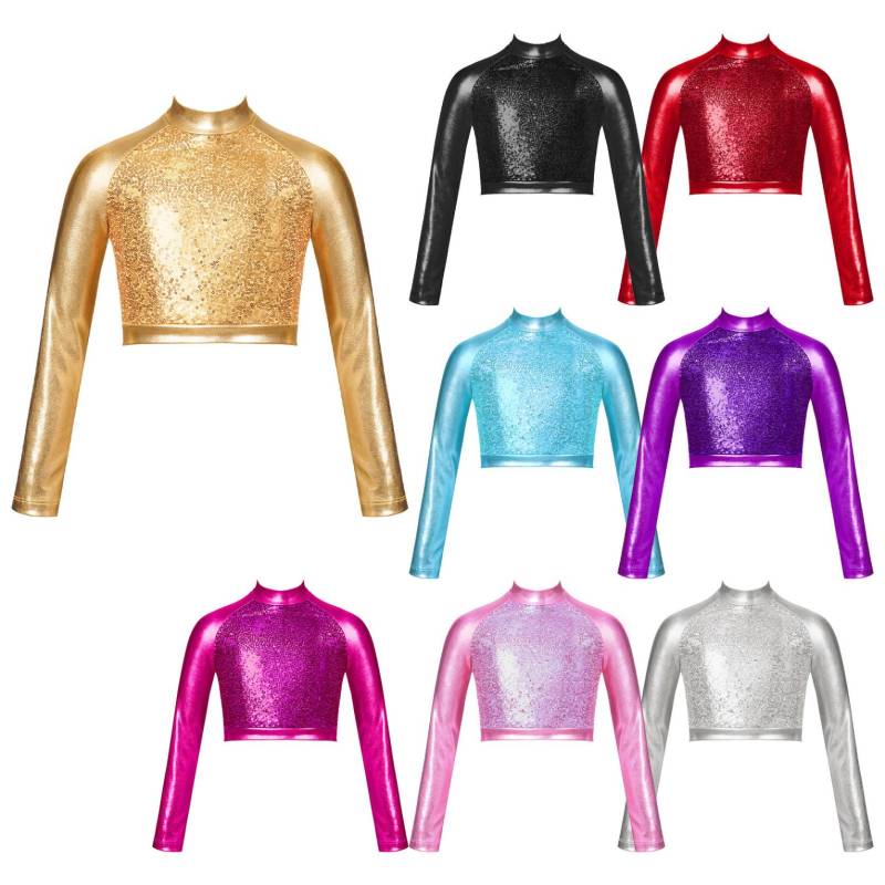 Kinder Mädchen High Neck Glitter Crop Top Metallic Langarm T-Shirt Ballett Tanz Trikot Gymnastik Leistung 7-8 Years von Joom DACH