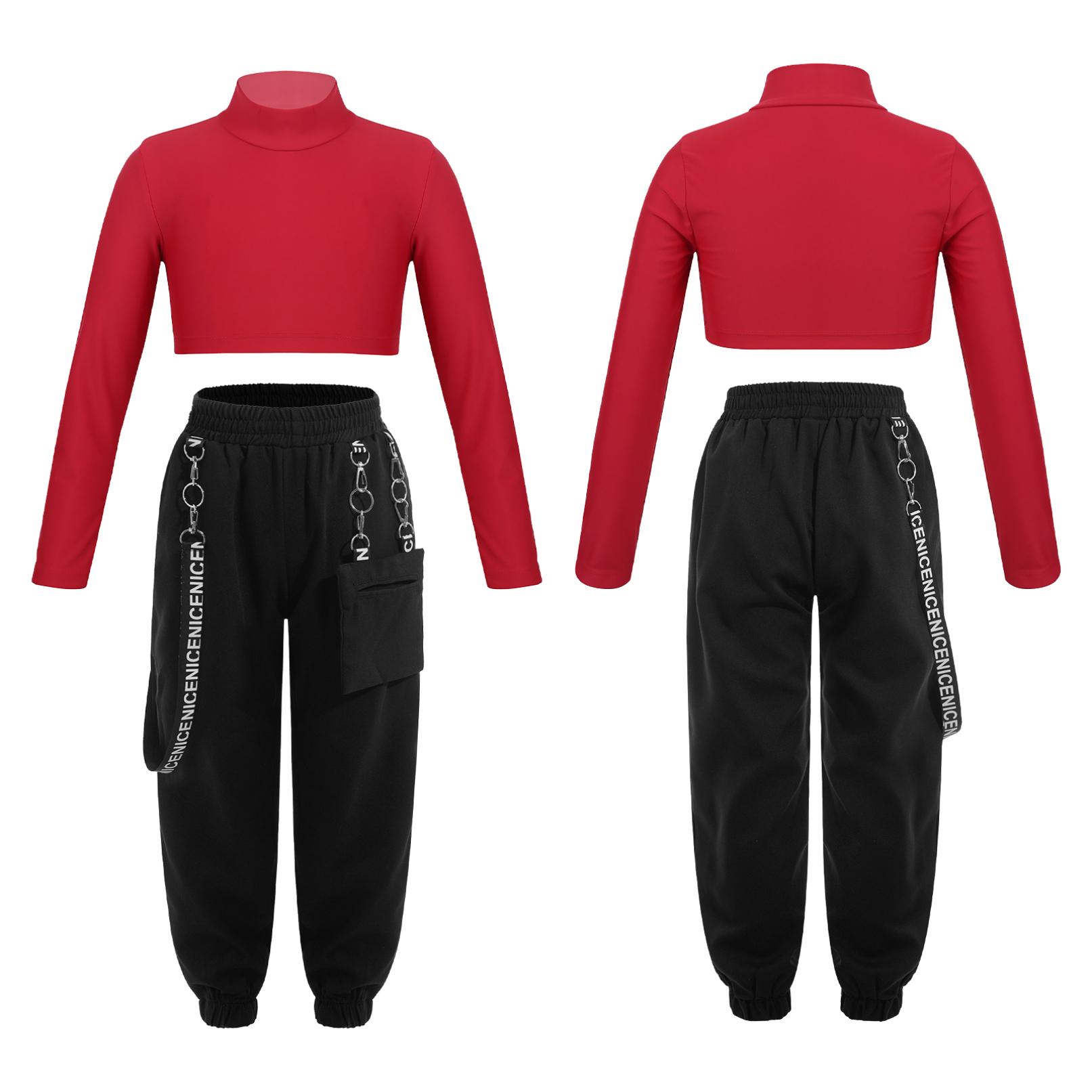Kinder Mädchen Hip Hop Kleidung Set Streetwear Jazz Dance Performance Kostüm Crop Top Bluse Lange Lose Hosen Anzug 9-10 Years rot von Joom DACH