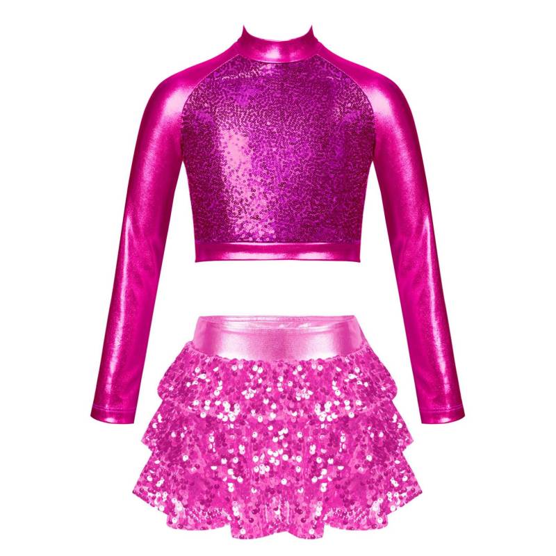 Kinder Mädchen Jazz Dance Performance Kostüm Glänzendes metallisches Langarm-Crop-Top mit Rock-Shorts Ballett-Gymnastik-Outfits 11-12 Years von Joom DACH