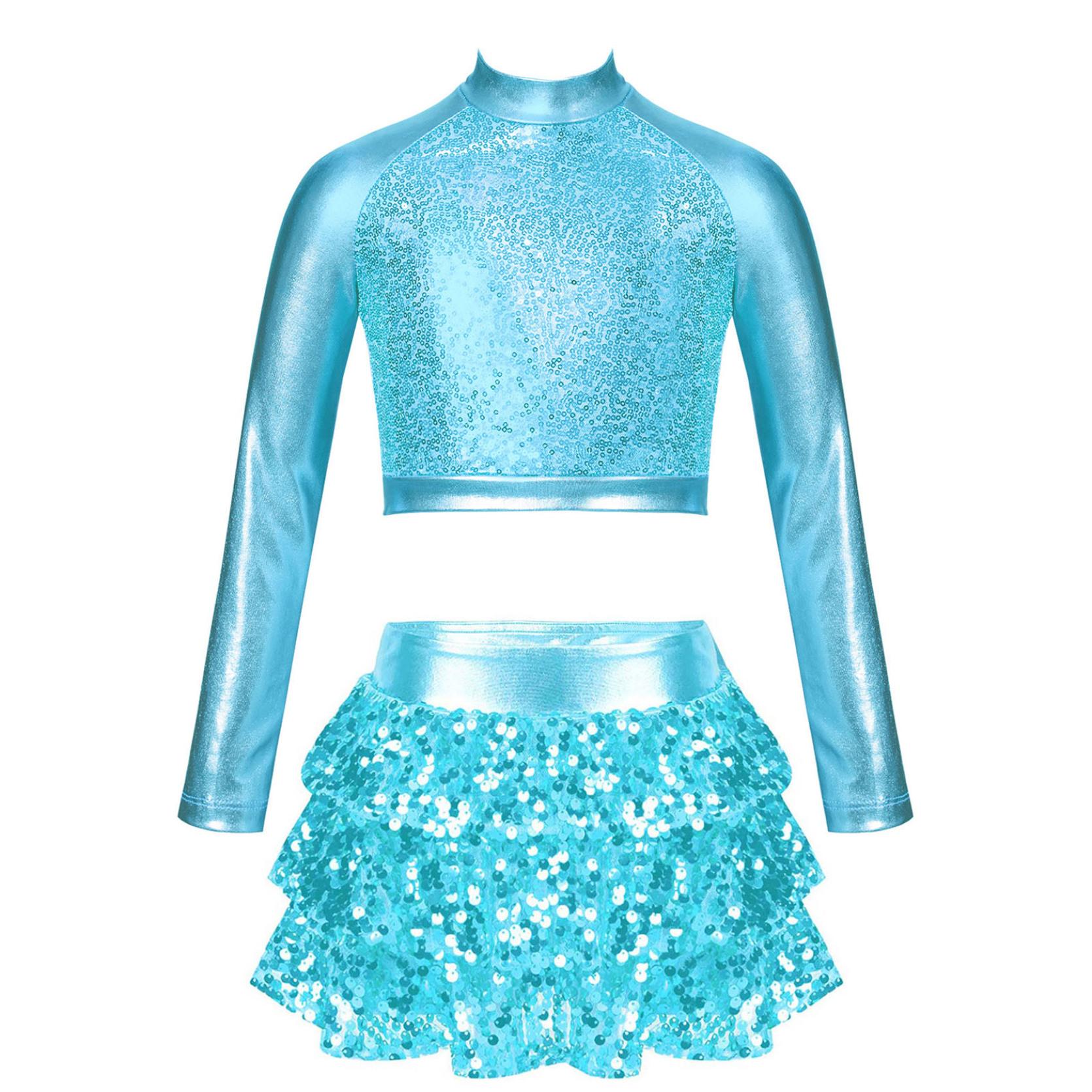 Kinder Mädchen Jazz Dance Performance Kostüm Glänzendes metallisches Langarm-Crop-Top mit Rock-Shorts Ballett-Gymnastik-Outfits 13-14 Years hellblaue von Joom DACH