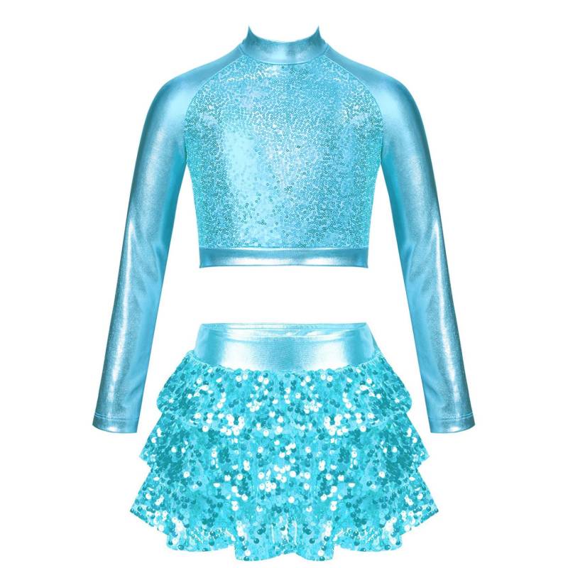 Kinder Mädchen Jazz Dance Performance Kostüm Glänzendes metallisches Langarm-Crop-Top mit Rock-Shorts Ballett-Gymnastik-Outfits 13-14 Years hellblaue von Joom DACH