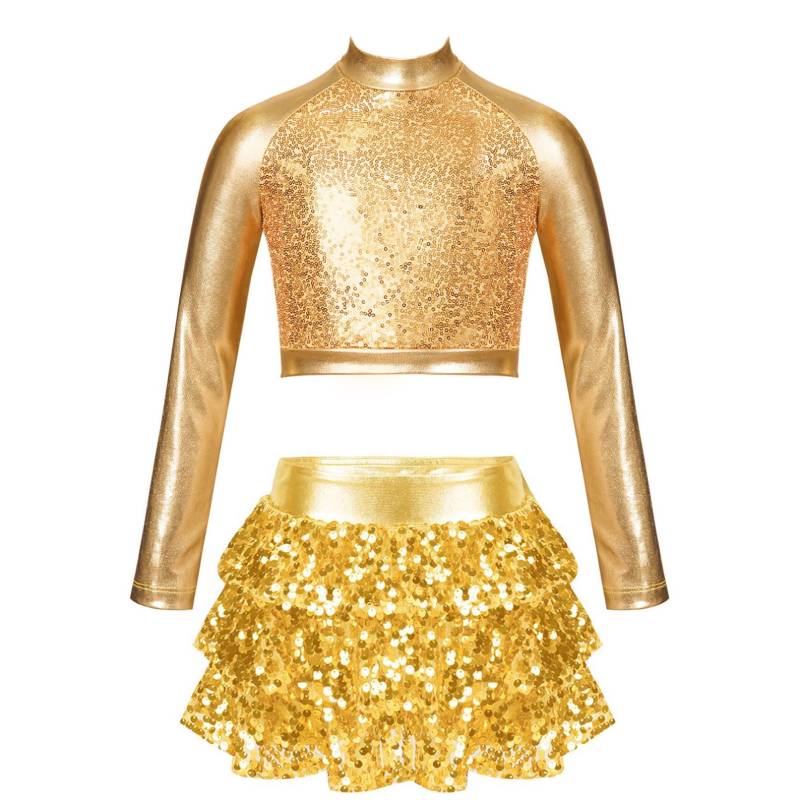 Kinder Mädchen Jazz Dance Performance Kostüm Glänzendes metallisches Langarm-Crop-Top mit Rock-Shorts Ballett-Gymnastik-Outfits 7-8 Years gold von Joom DACH