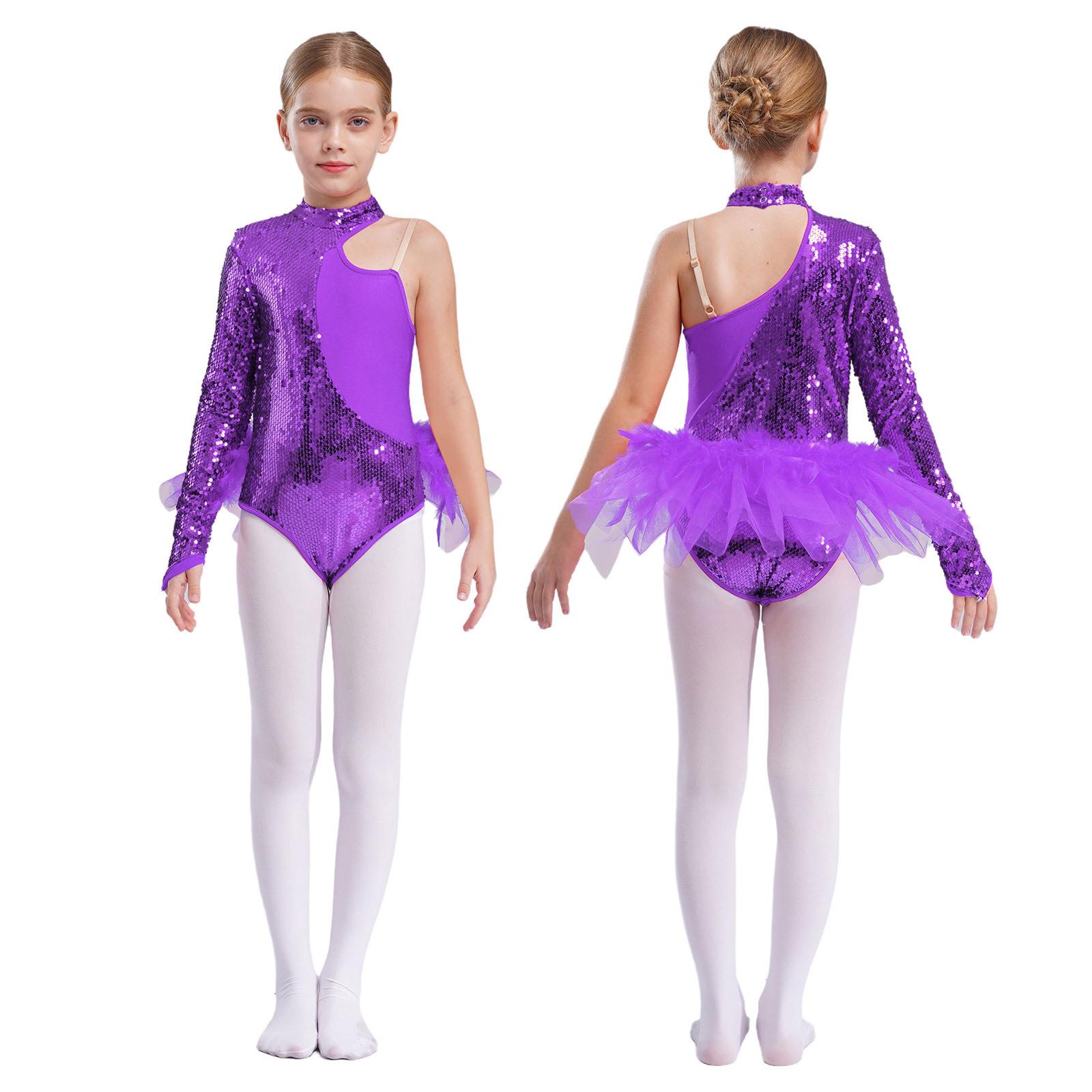 Kinder Mädchen Jazz Latin Dancewear Glänzende Pailletten Langarm Mock Neck Ballett Tanz Kostüm Trikot Overall 5-6 Years violett von Joom DACH