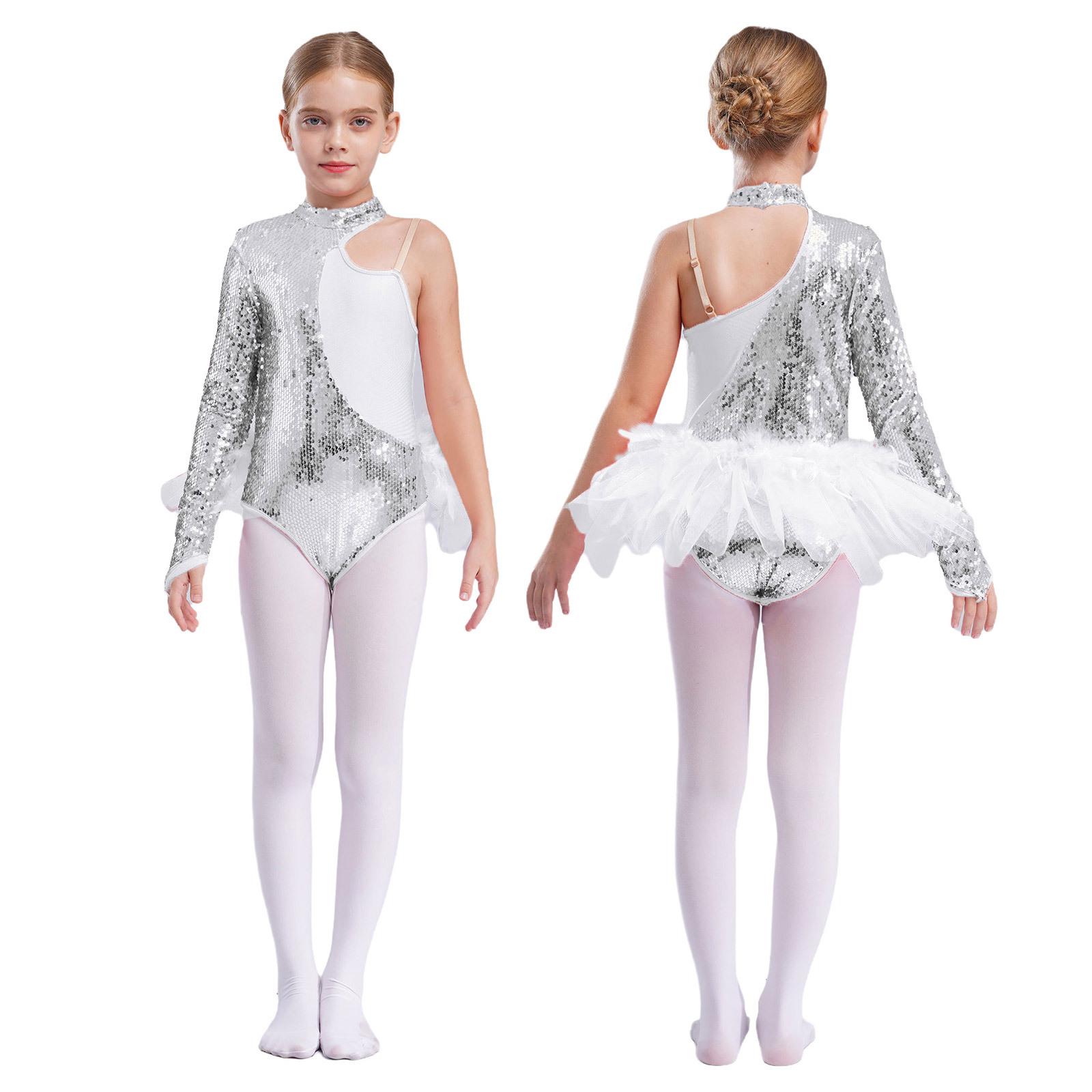Kinder Mädchen Jazz Latin Dancewear Glänzende Pailletten Langarm Mock Neck Ballett Tanz Kostüm Trikot Overall silber von Joom DACH