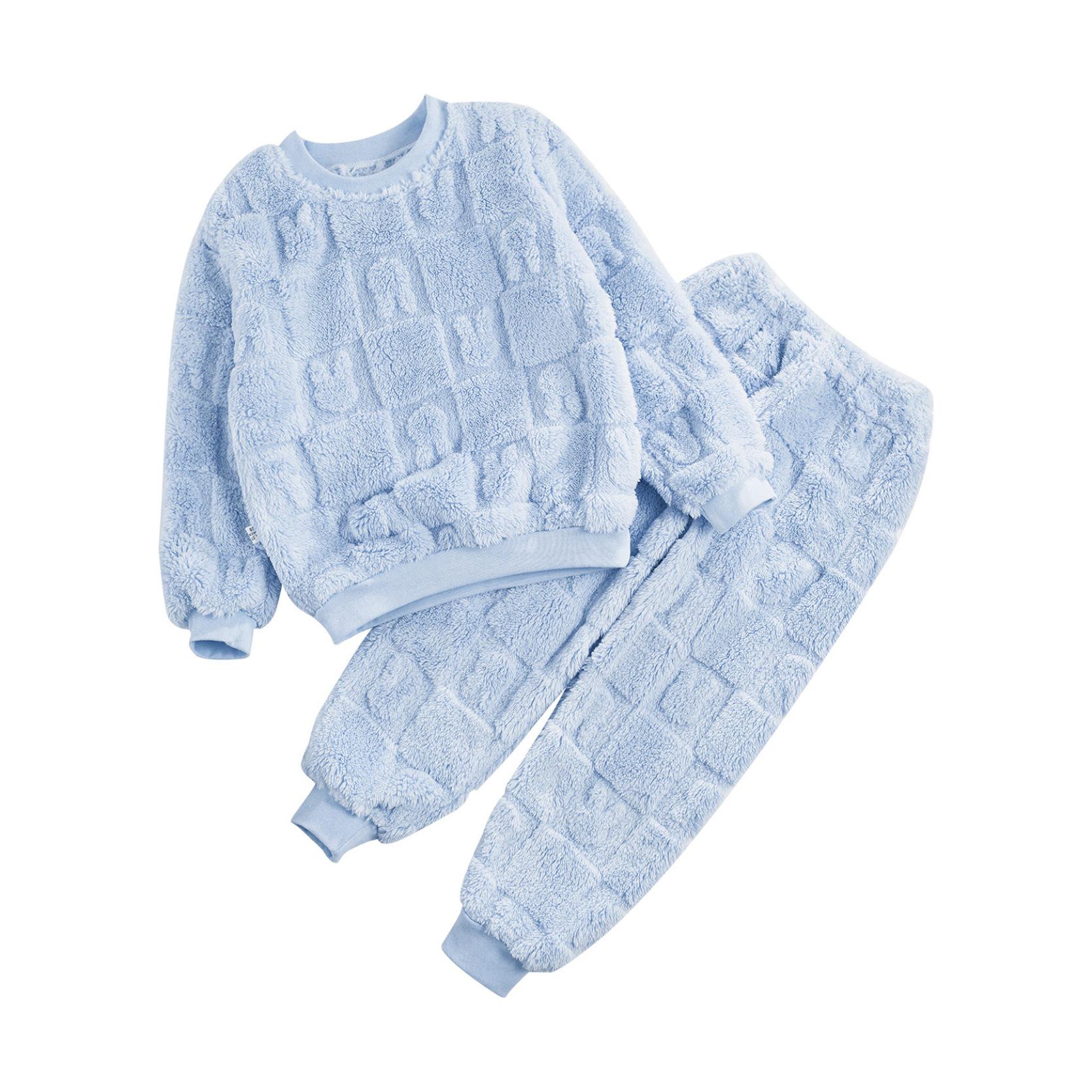 Kinder Mädchen Jungen Pyjama Weiche Loungewear Nachtwäsche Winter Warm Langarm Tops mit Hose Hausanzug 13-14 Years blau von Joom DACH